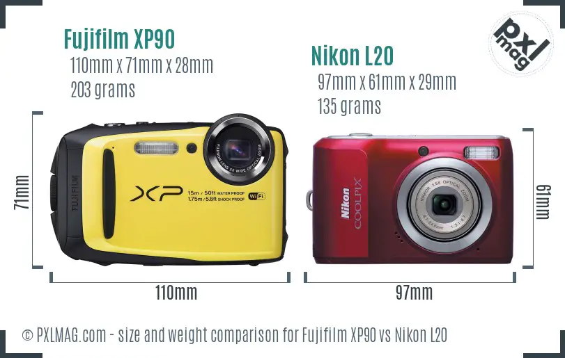 Fujifilm XP90 vs Nikon L20 size comparison