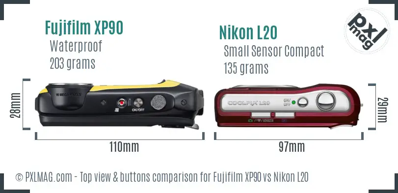 Fujifilm XP90 vs Nikon L20 top view buttons comparison