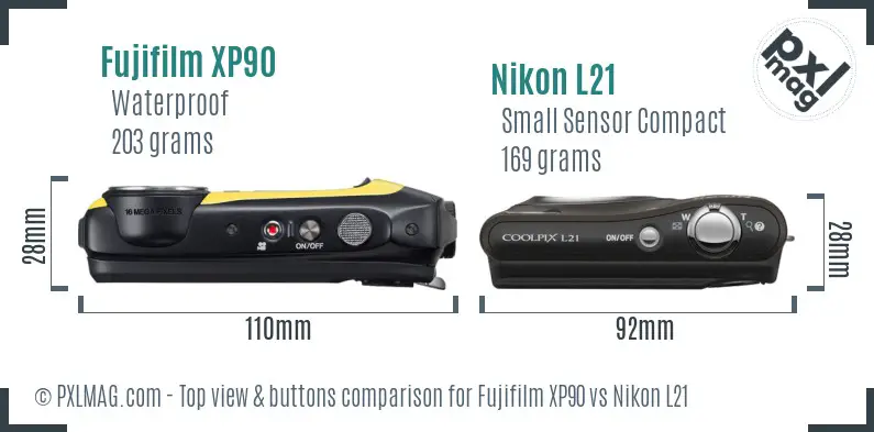 Fujifilm XP90 vs Nikon L21 top view buttons comparison Fujifilm XP90 vs Nikon L21 top view buttons comparison