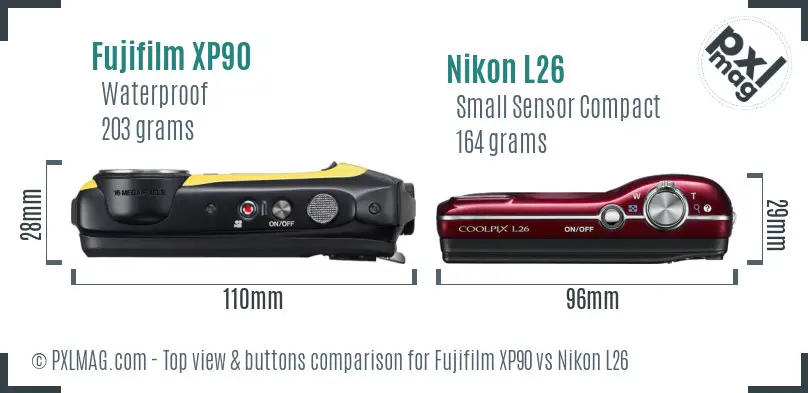 Fujifilm XP90 vs Nikon L26 top view buttons comparison