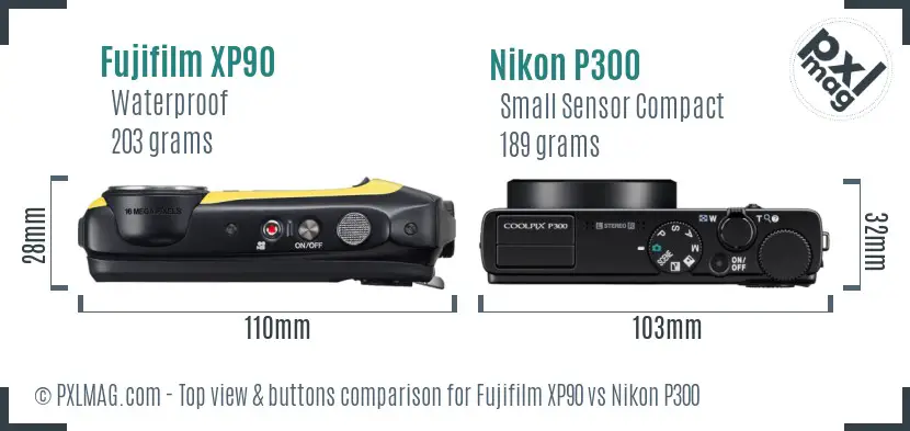 Fujifilm XP90 vs Nikon P300 top view buttons comparison
