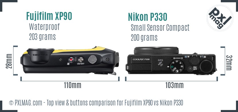 Fujifilm XP90 vs Nikon P330 top view buttons comparison