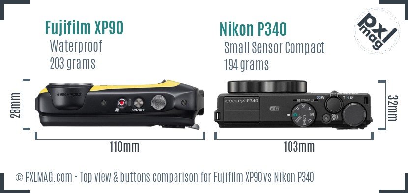 Fujifilm XP90 vs Nikon P340 top view buttons comparison