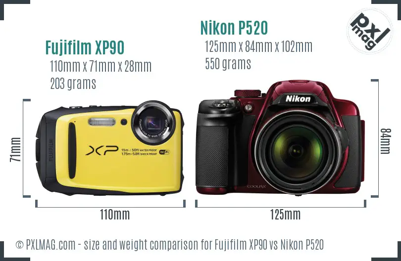 Fujifilm XP90 vs Nikon P520 size comparison