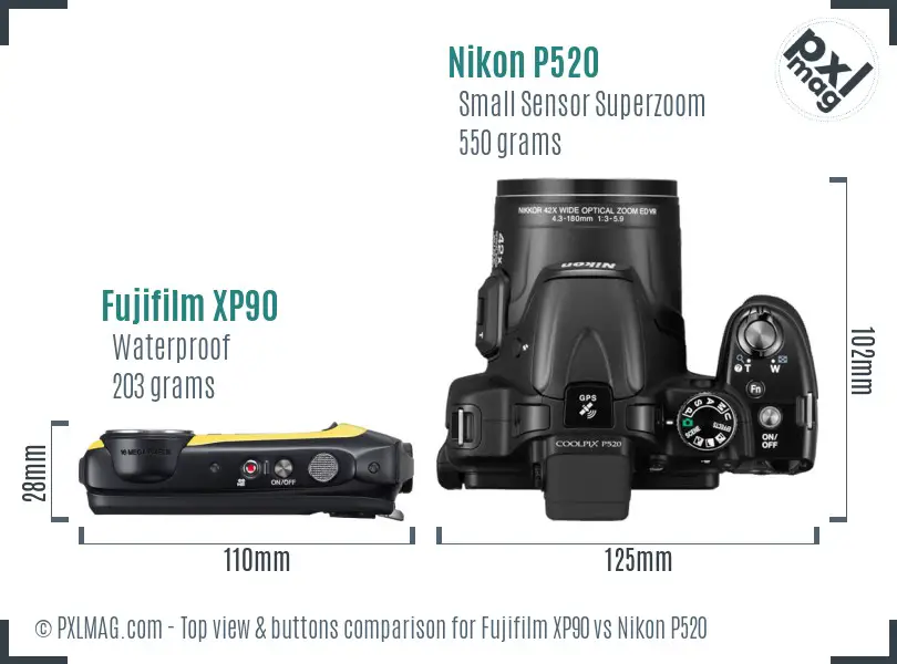 Fujifilm XP90 vs Nikon P520 top view buttons comparison