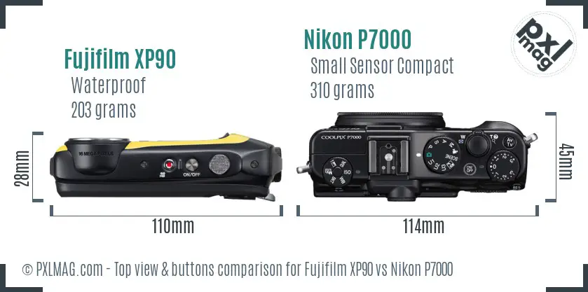 Fujifilm XP90 vs Nikon P7000 top view buttons comparison Fujifilm XP90 vs Nikon P7000 top view buttons comparison