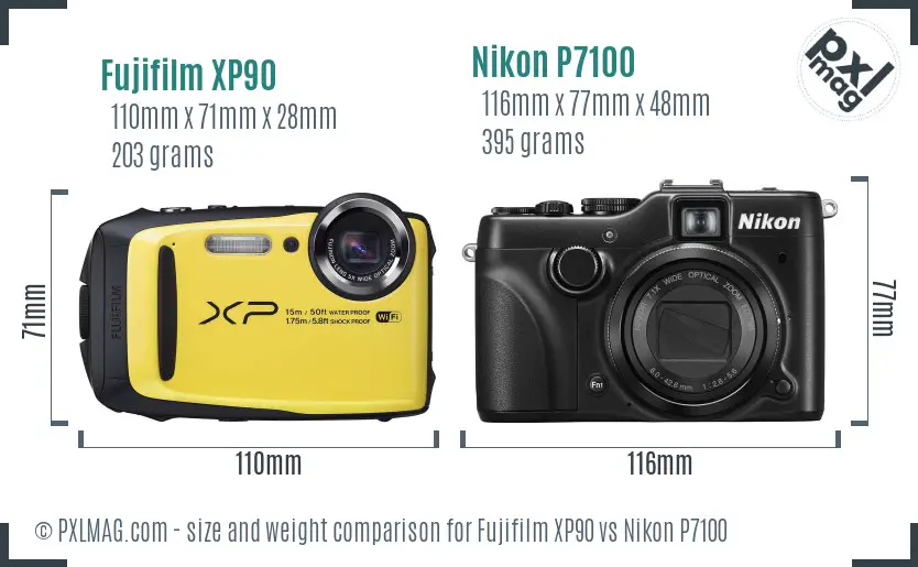 Fujifilm XP90 vs Nikon P7100 size comparison