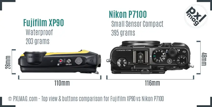 Fujifilm XP90 vs Nikon P7100 top view buttons comparison