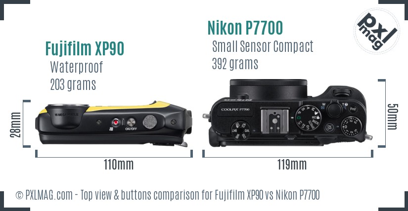 Fujifilm XP90 vs Nikon P7700 top view buttons comparison