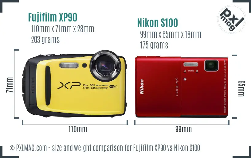 Fujifilm XP90 vs Nikon S100 size comparison Fujifilm XP90 vs Nikon S100 size comparison