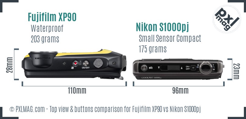 Fujifilm XP90 vs Nikon S1000pj top view buttons comparison