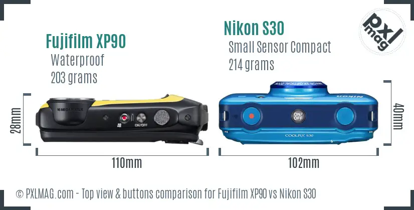 Fujifilm XP90 vs Nikon S30 top view buttons comparison