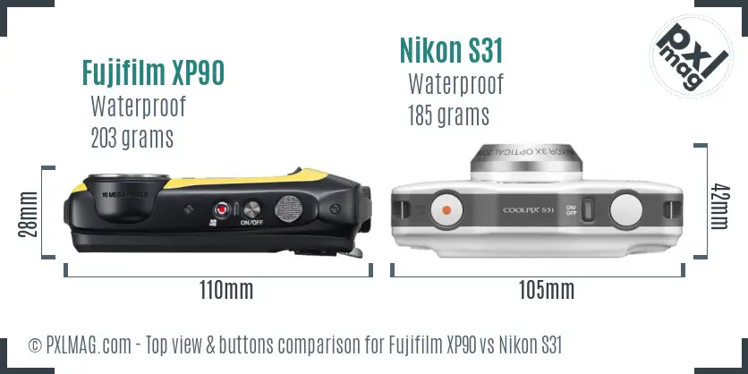 Fujifilm XP90 vs Nikon S31 top view buttons comparison