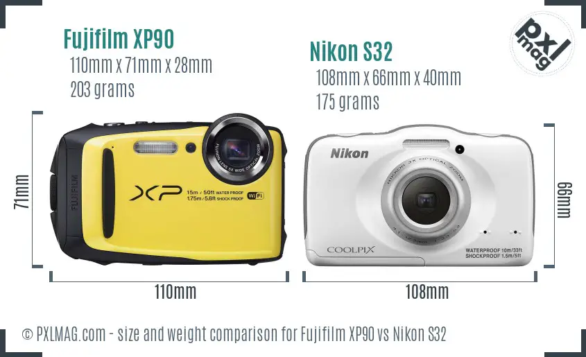 Fujifilm XP90 vs Nikon S32 size comparison