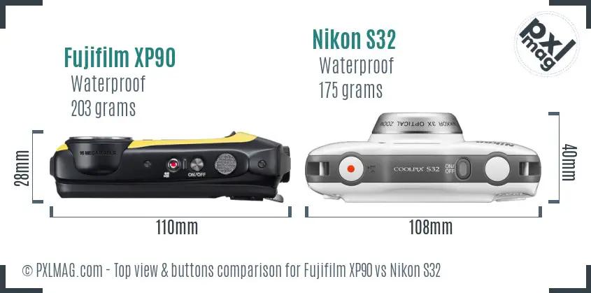 Fujifilm XP90 vs Nikon S32 top view buttons comparison