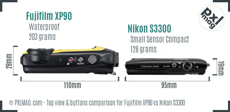Fujifilm XP90 vs Nikon S3300 top view buttons comparison