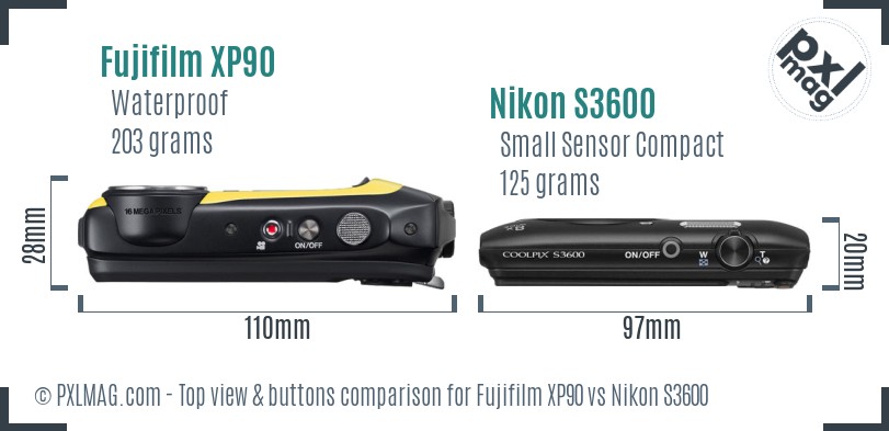 Fujifilm XP90 vs Nikon S3600 top view buttons comparison