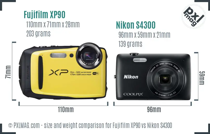 Fujifilm XP90 vs Nikon S4300 size comparison Fujifilm XP90 vs Nikon S4300 size comparison