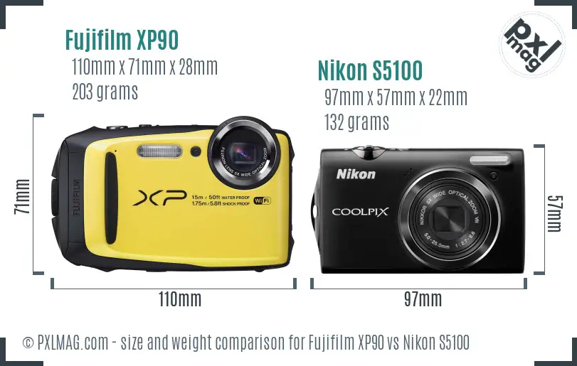 Fujifilm XP90 vs Nikon S5100 size comparison