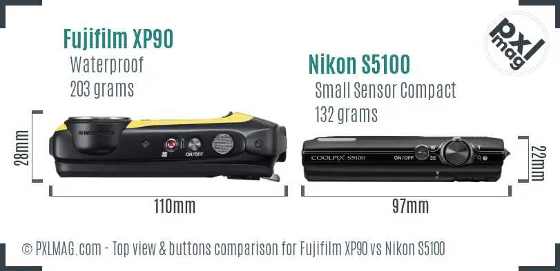 Fujifilm XP90 vs Nikon S5100 top view buttons comparison