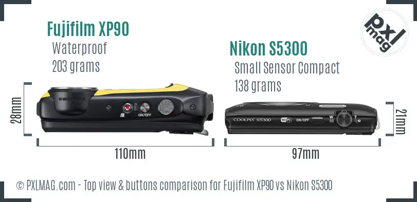 Fujifilm XP90 vs Nikon S5300 top view buttons comparison