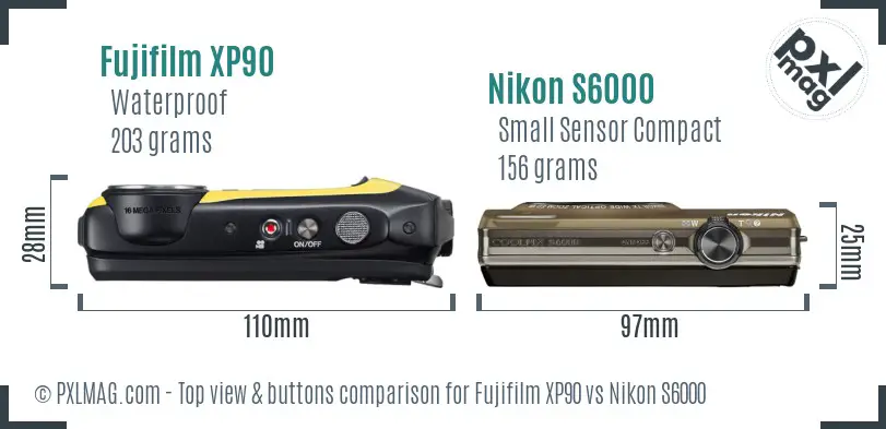 Fujifilm XP90 vs Nikon S6000 top view buttons comparison Fujifilm XP90 vs Nikon S6000 top view buttons comparison