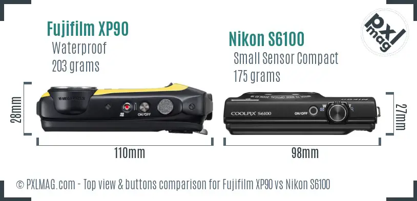 Fujifilm XP90 vs Nikon S6100 top view buttons comparison Fujifilm XP90 vs Nikon S6100 top view buttons comparison