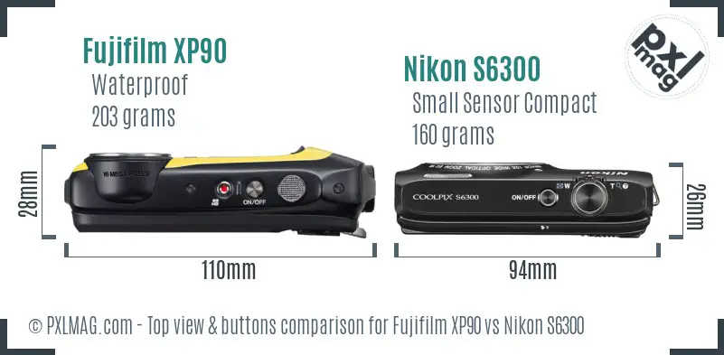 Fujifilm XP90 vs Nikon S6300 top view buttons comparison