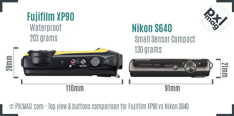 Fujifilm XP90 vs Nikon S640 top view buttons comparison Fujifilm XP90 vs Nikon S640 top view buttons comparison