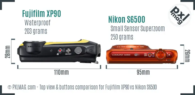 Fujifilm XP90 vs Nikon S6500 top view buttons comparison