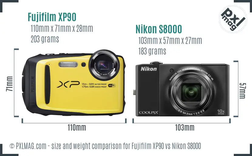 Fujifilm XP90 vs Nikon S8000 size comparison