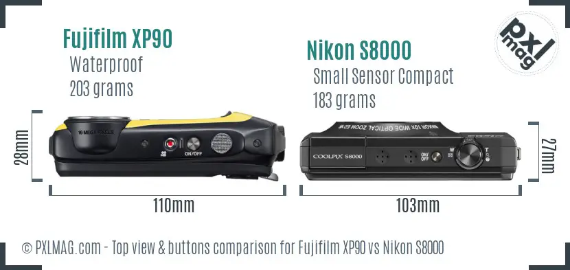 Fujifilm XP90 vs Nikon S8000 top view buttons comparison