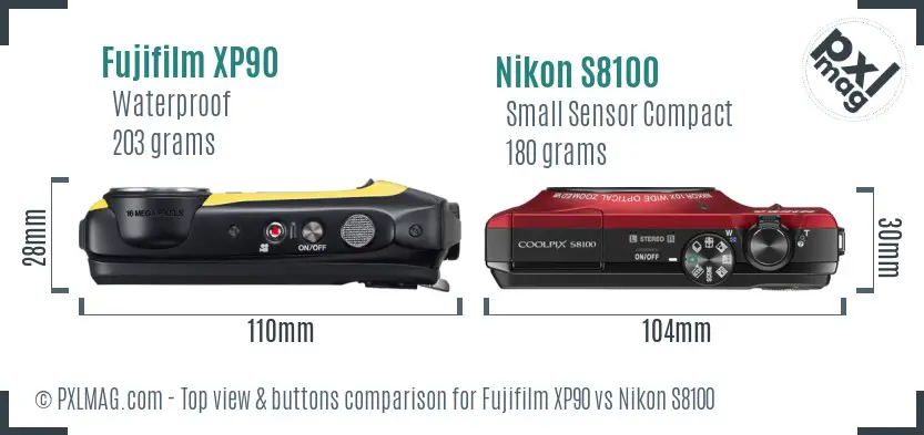 Fujifilm XP90 vs Nikon S8100 top view buttons comparison