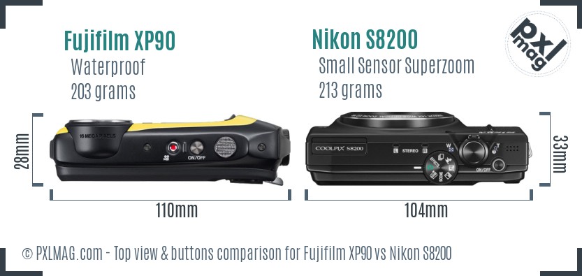 Fujifilm XP90 vs Nikon S8200 top view buttons comparison