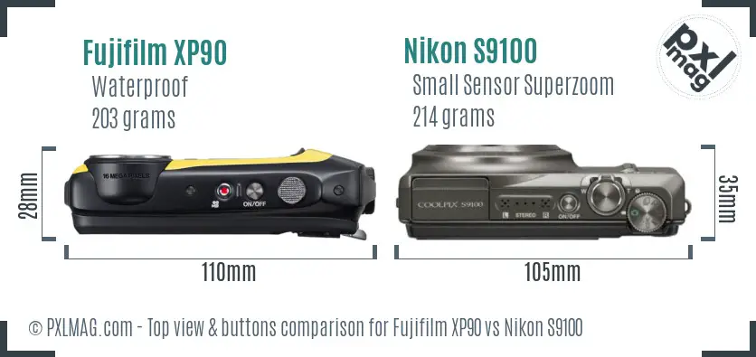 Fujifilm XP90 vs Nikon S9100 top view buttons comparison