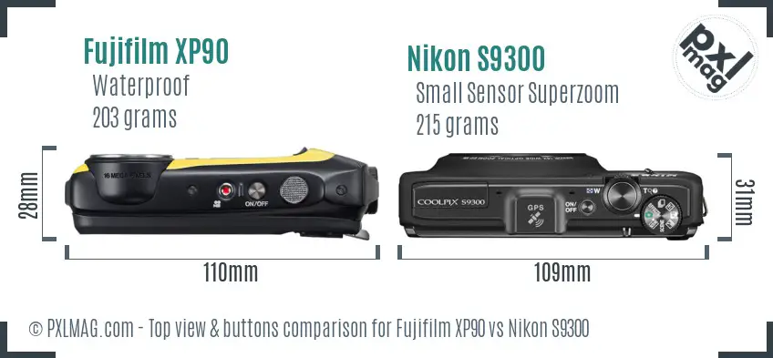 Fujifilm XP90 vs Nikon S9300 top view buttons comparison