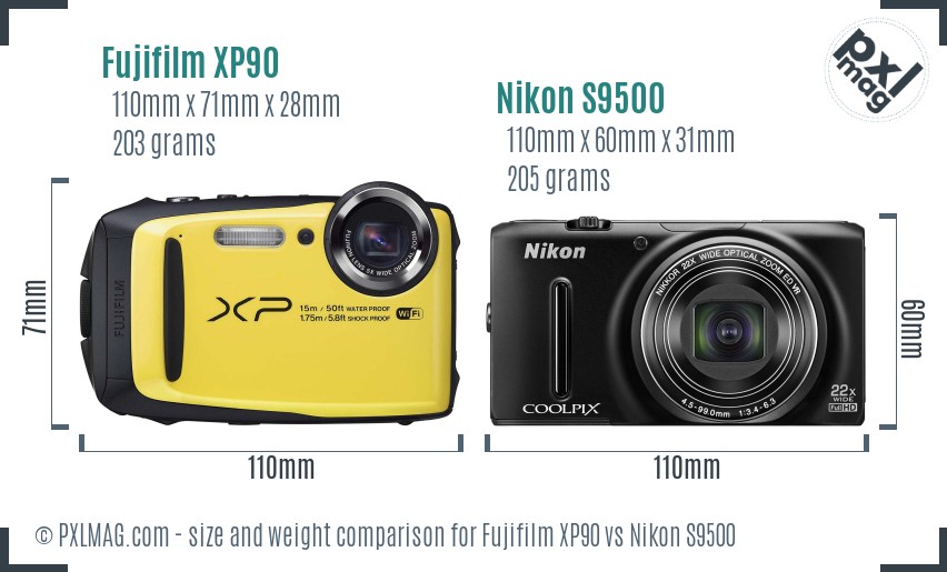 Fujifilm XP90 vs Nikon S9500 size comparison