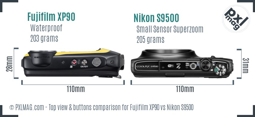 Fujifilm XP90 vs Nikon S9500 top view buttons comparison