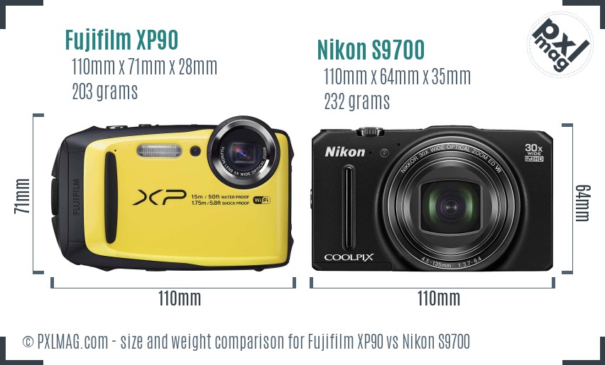 Fujifilm XP90 vs Nikon S9700 size comparison
