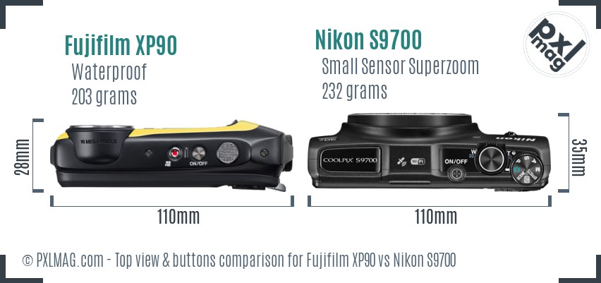 Fujifilm XP90 vs Nikon S9700 top view buttons comparison