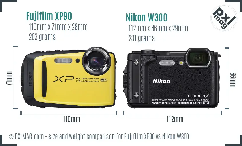 Fujifilm XP90 vs Nikon W300 size comparison