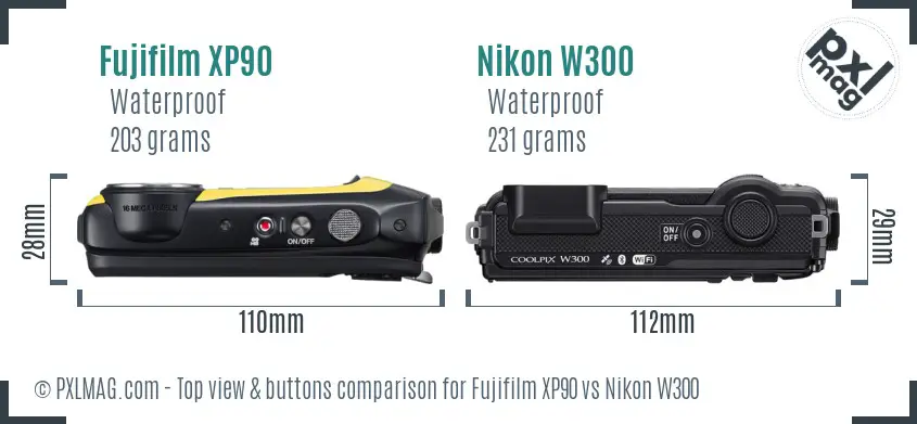 Fujifilm XP90 vs Nikon W300 top view buttons comparison