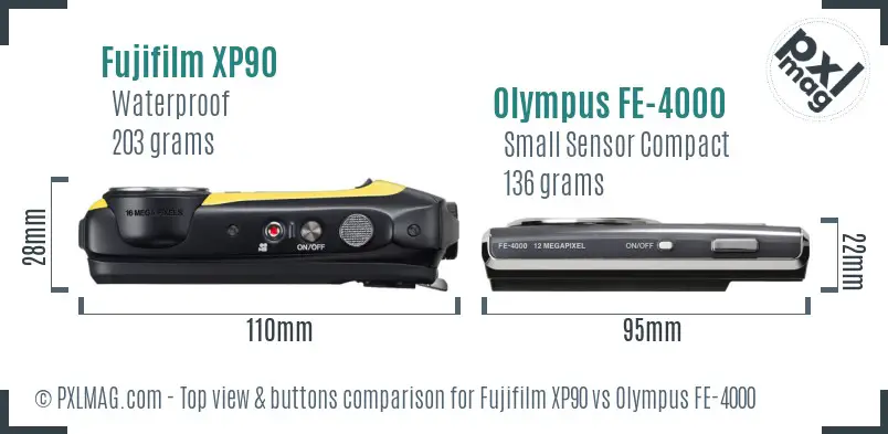 Fujifilm XP90 vs Olympus FE-4000 top view buttons comparison