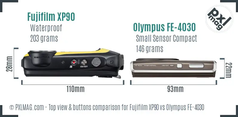 Fujifilm XP90 vs Olympus FE-4030 top view buttons comparison