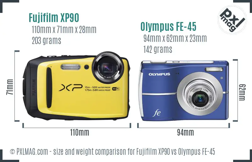 Fujifilm XP90 vs Olympus FE-45 size comparison