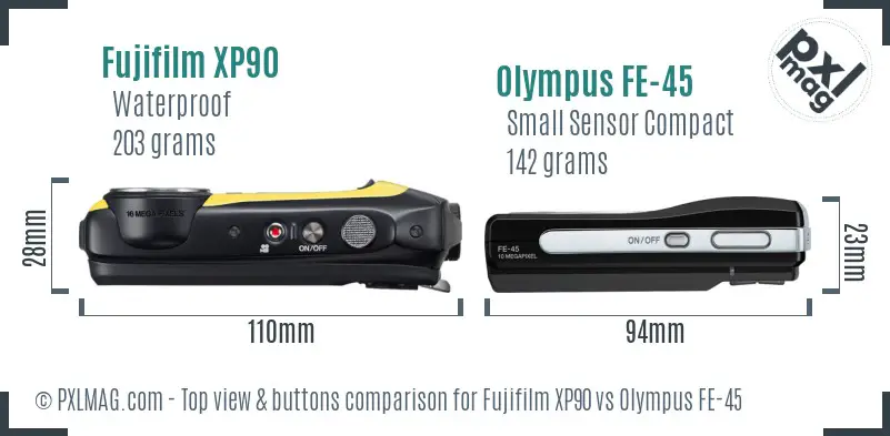 Fujifilm XP90 vs Olympus FE-45 top view buttons comparison