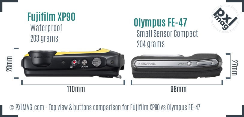 Fujifilm XP90 vs Olympus FE-47 top view buttons comparison