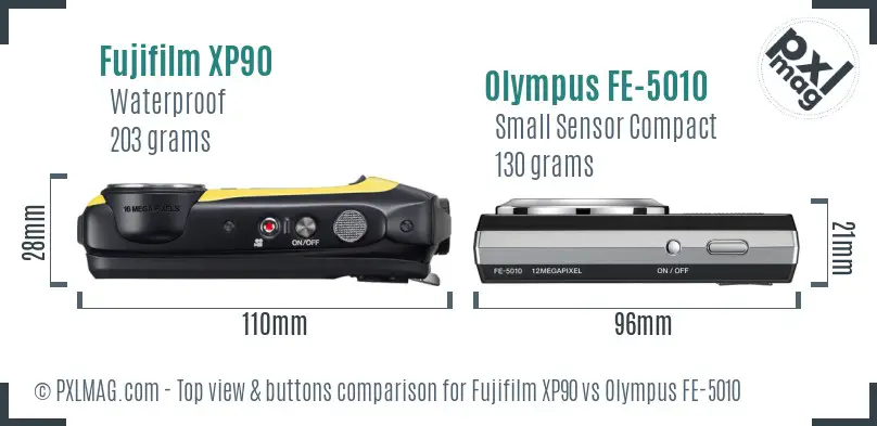Fujifilm XP90 vs Olympus FE-5010 top view buttons comparison