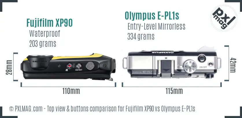 Fujifilm XP90 vs Olympus E-PL1s top view buttons comparison