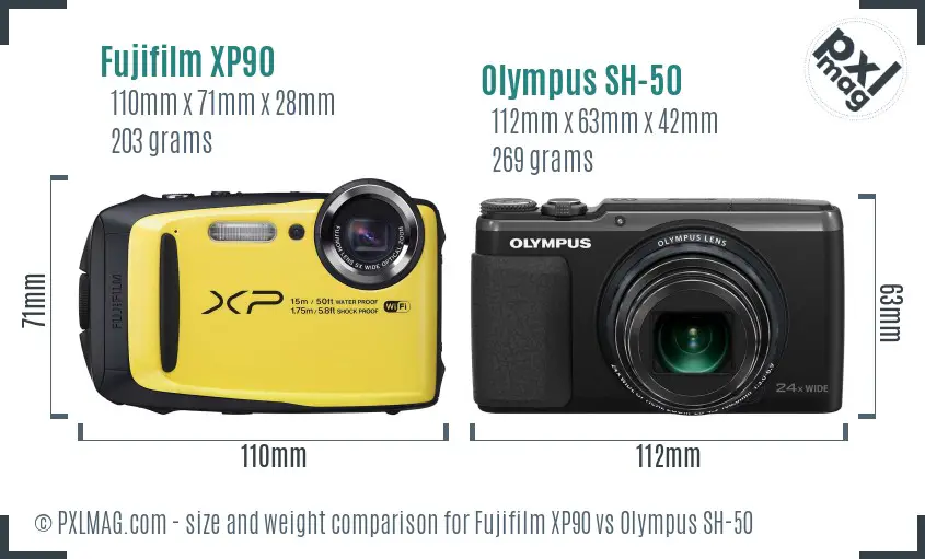 Fujifilm XP90 vs Olympus SH-50 size comparison